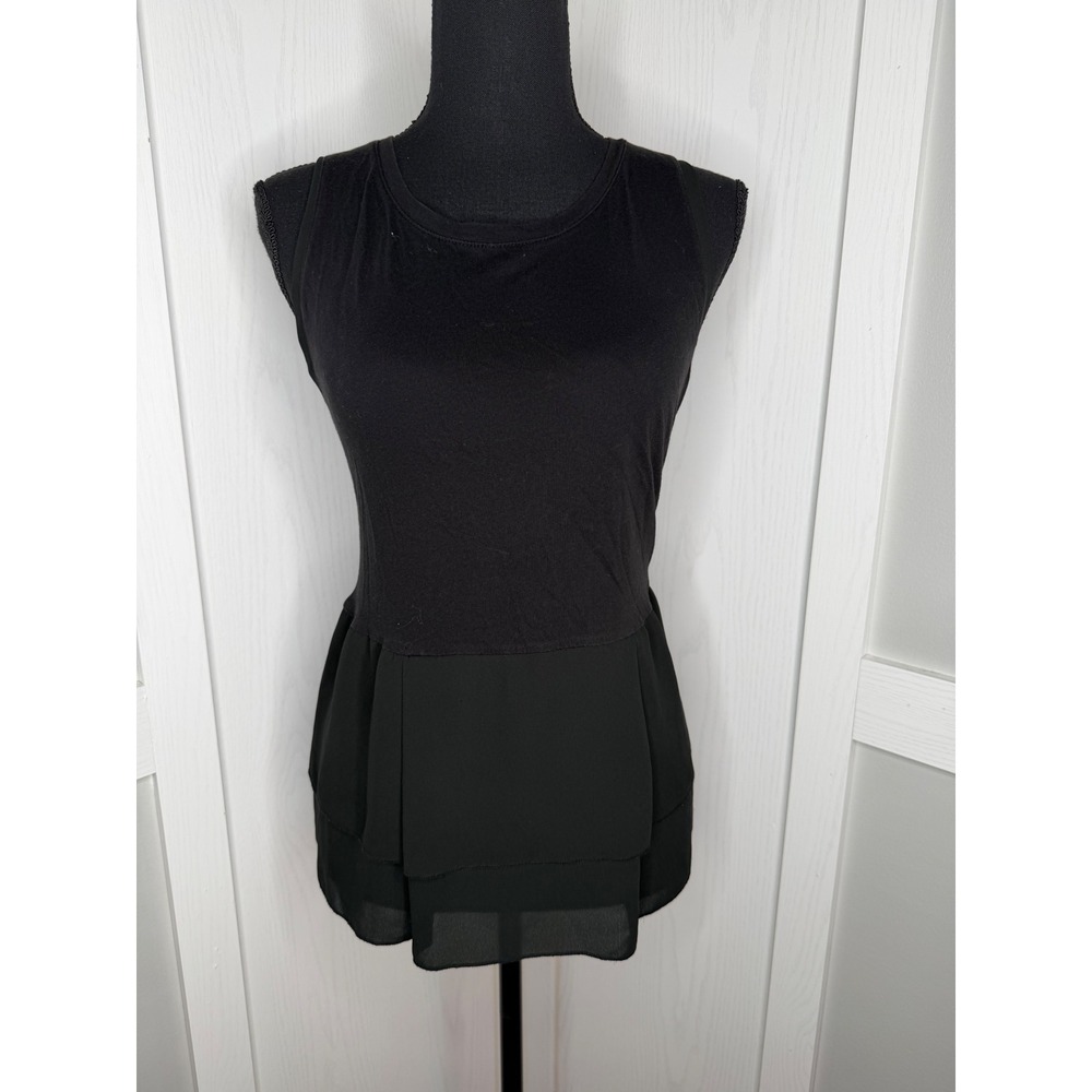 Loft Peplum Tank Top Women Size Medium Black Mixed Media Sleeveless Chiffon Trim